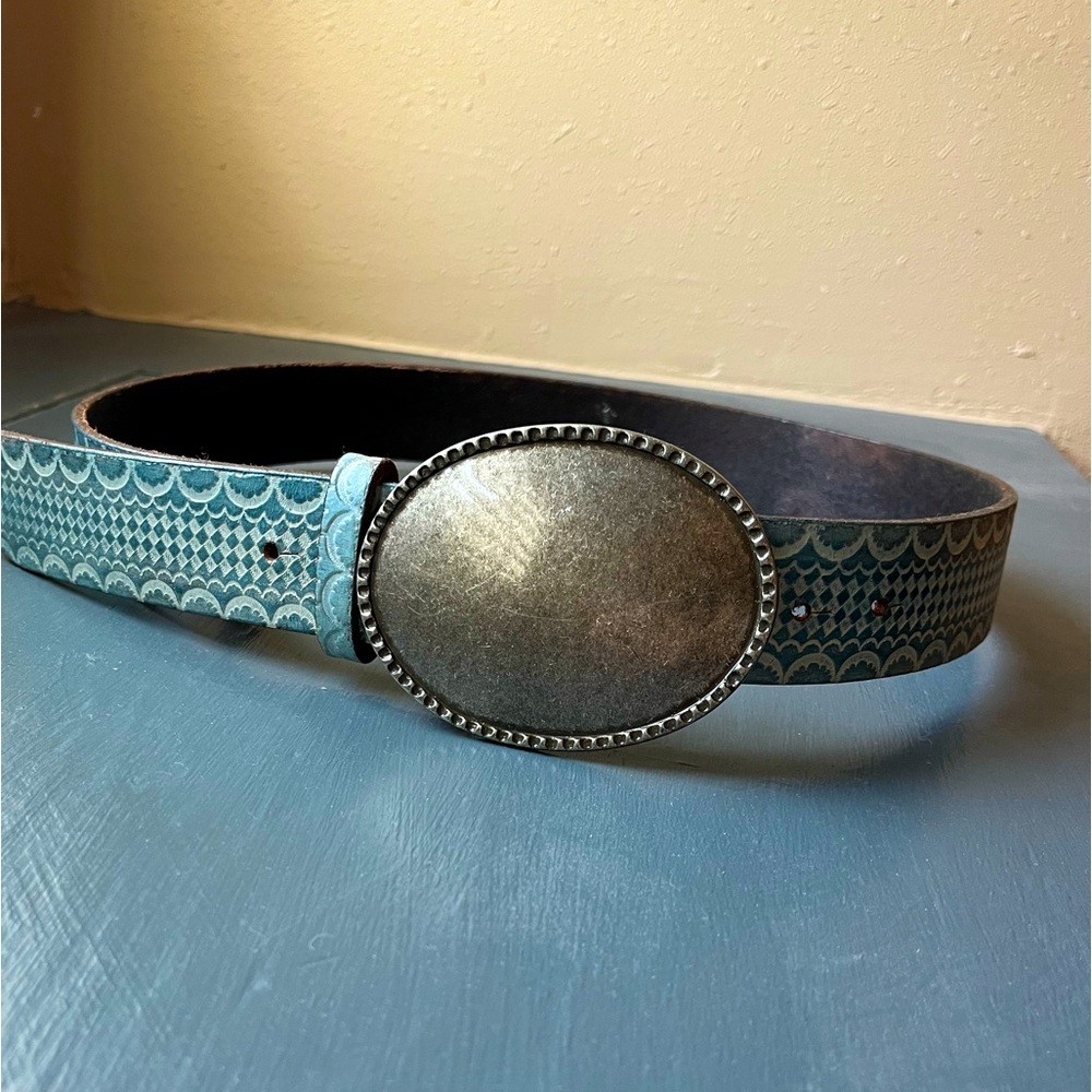 Free People Blue Patterned Belt with Silver Buckle S/M